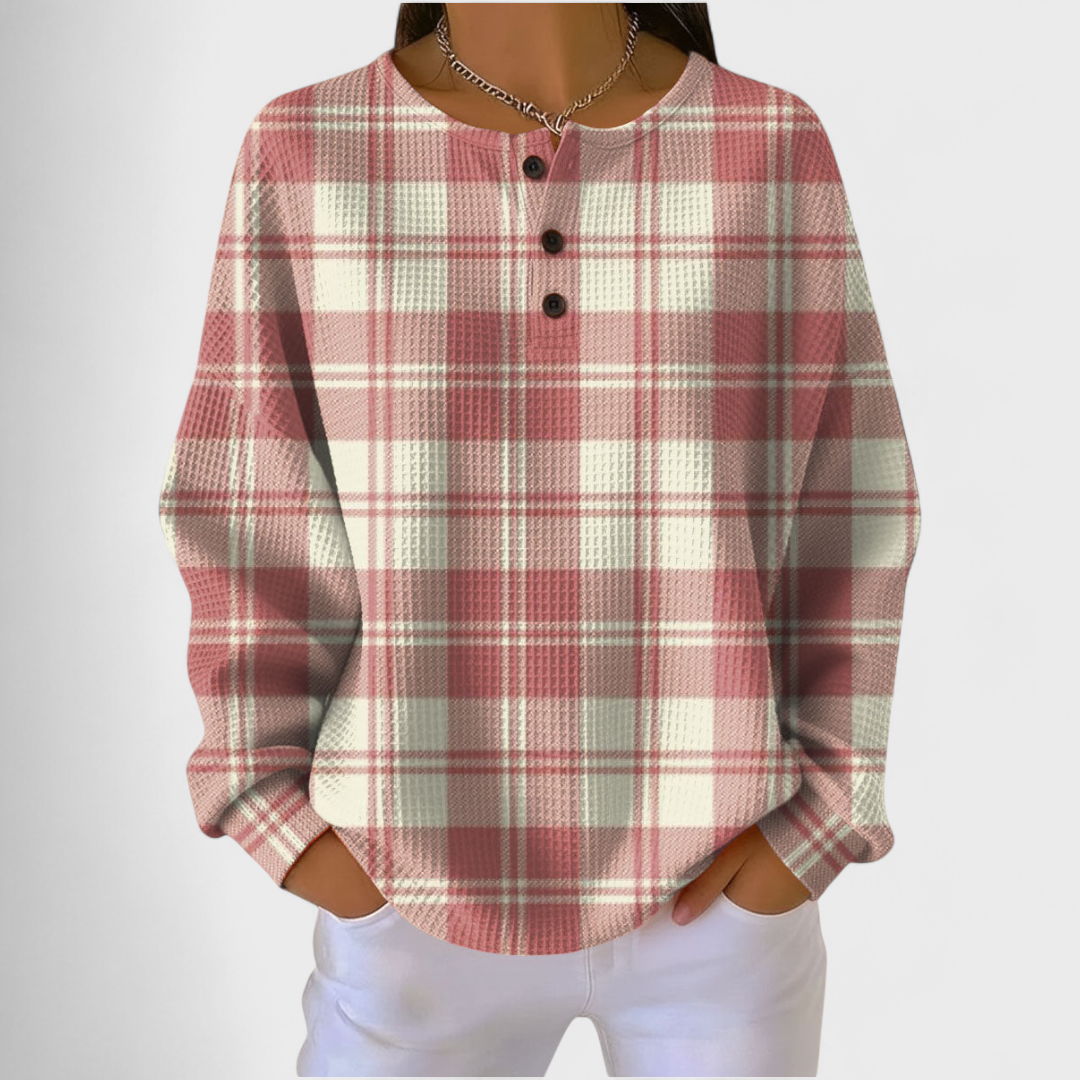 Emilie - Suéter rosa con diseño a cuadros