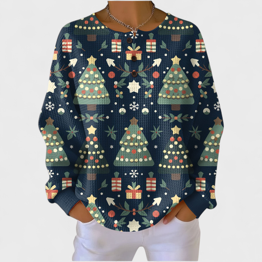 Fanny - Suéter azul marino con diseño de árbol de Navidad