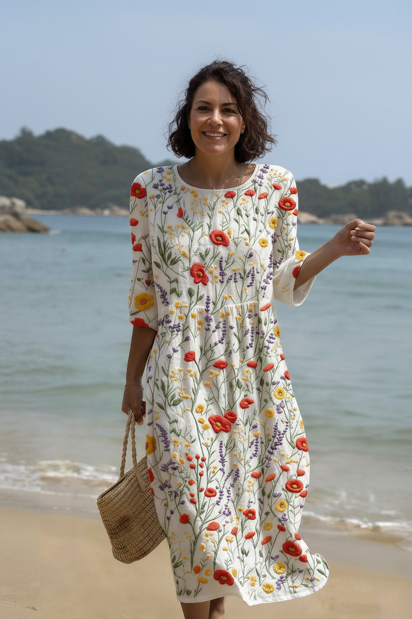 Cristina - Vestido Maxi de Cuello Redondo con Bordado Floral