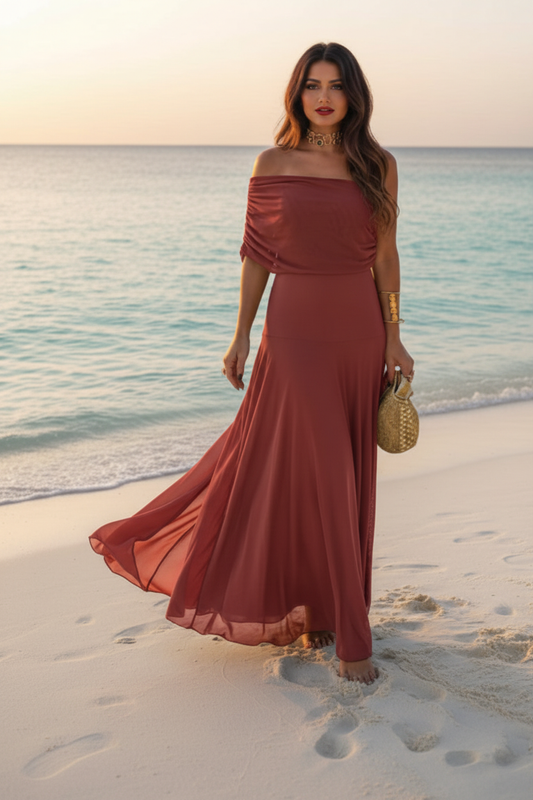 Vestido Maxi Off-Shoulder Terracota