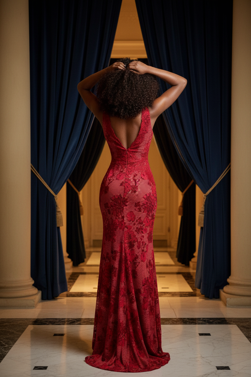 Vestido Sirena Escarlata — costas com mãos no cabelo