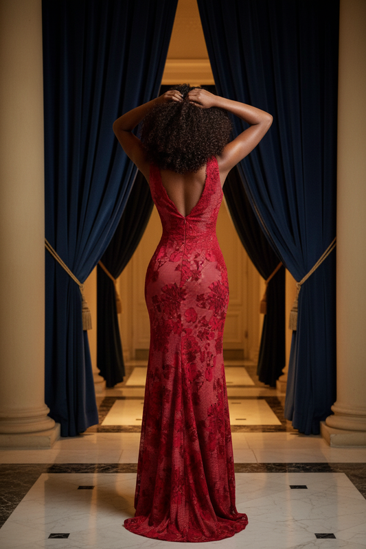 Vestido Sirena Escarlata — costas com mãos no cabelo