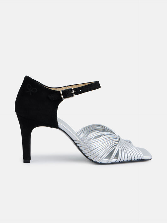 Sandalia tacon piel combinada negro y plata