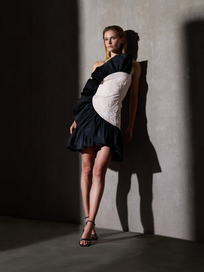 Vestido CaprileXSilbon bicolor volante marfil