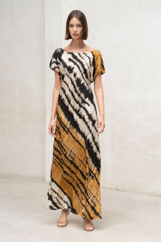 Vestido Yungle estampado mostaza y negro