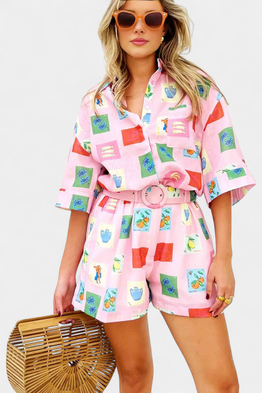 Mariluz Conjunto de Camisa y Shorts con Estampado Rosa
