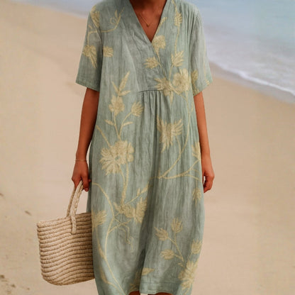 Cristina - Vestido Azul-Gris con Bordado Floral