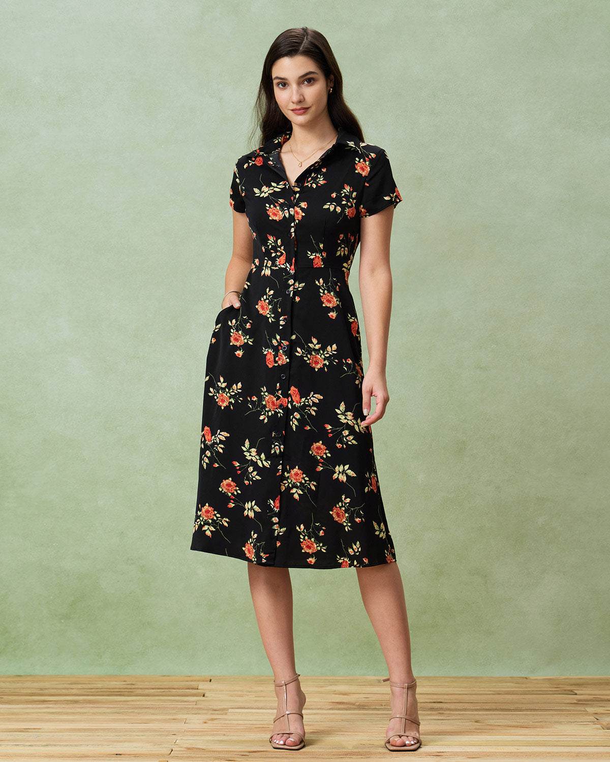 Gloria - Vestido Midi Negro Floral