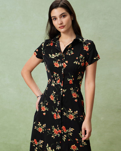 Gloria - Vestido Midi Negro Floral