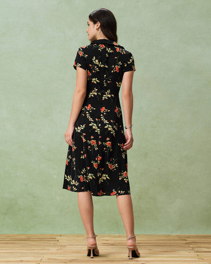 Gloria - Vestido Midi Negro Floral