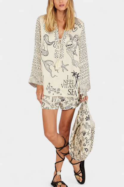 Amalia Conjunto Camisero Estampado con Short Elástico