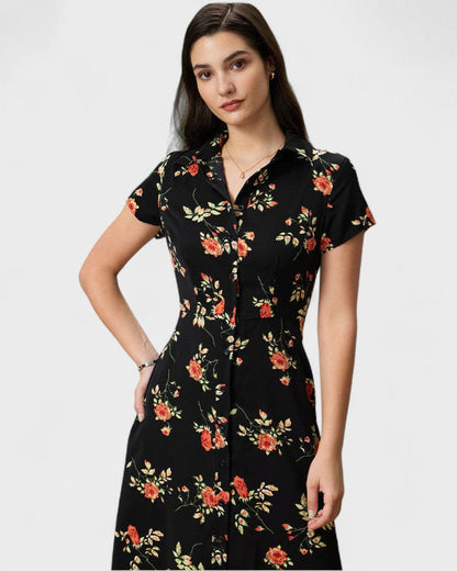 Gloria - Vestido Midi Negro Floral