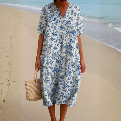 Lola - Vestido de Marfil Adornado con Acentos Florales en Azul Porcelana