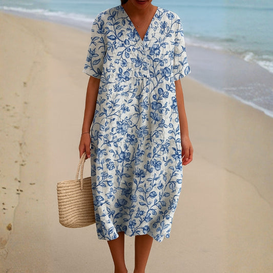 Lola - Vestido de Marfil Adornado con Acentos Florales en Azul Porcelana