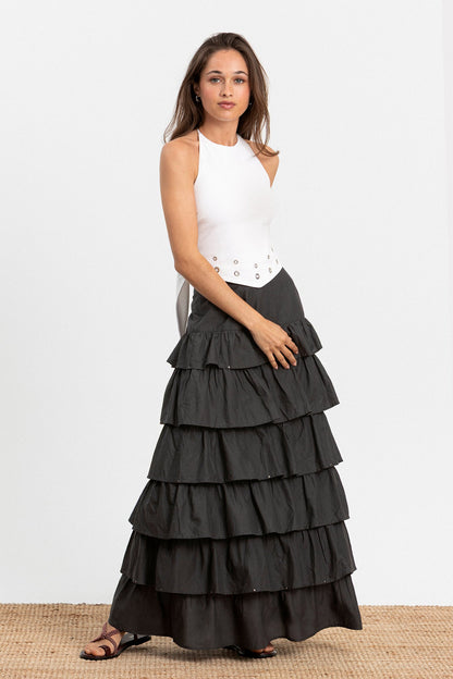 FALDA MIDI VOLANTES TACHAS