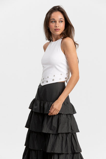 FALDA MIDI VOLANTES TACHAS