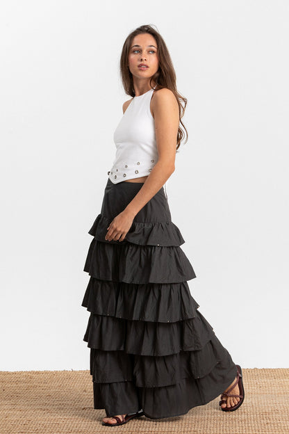 FALDA MIDI VOLANTES TACHAS