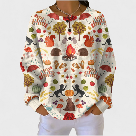 Béatrice - Suéter crema con diseño de bosque en otoño