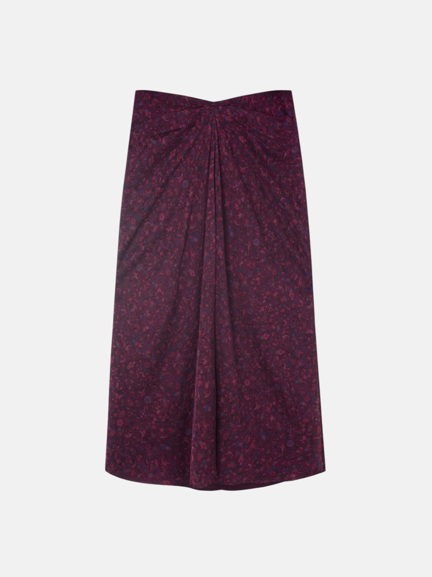 Falda midi drapeado central flores granate