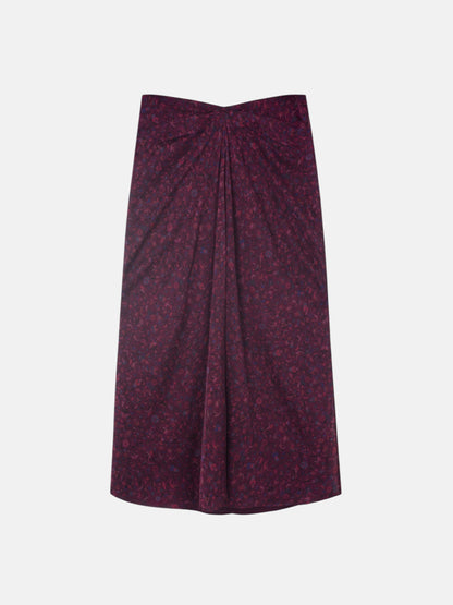 Falda midi drapeado central flores granate