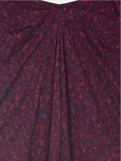 Falda midi drapeado central flores granate