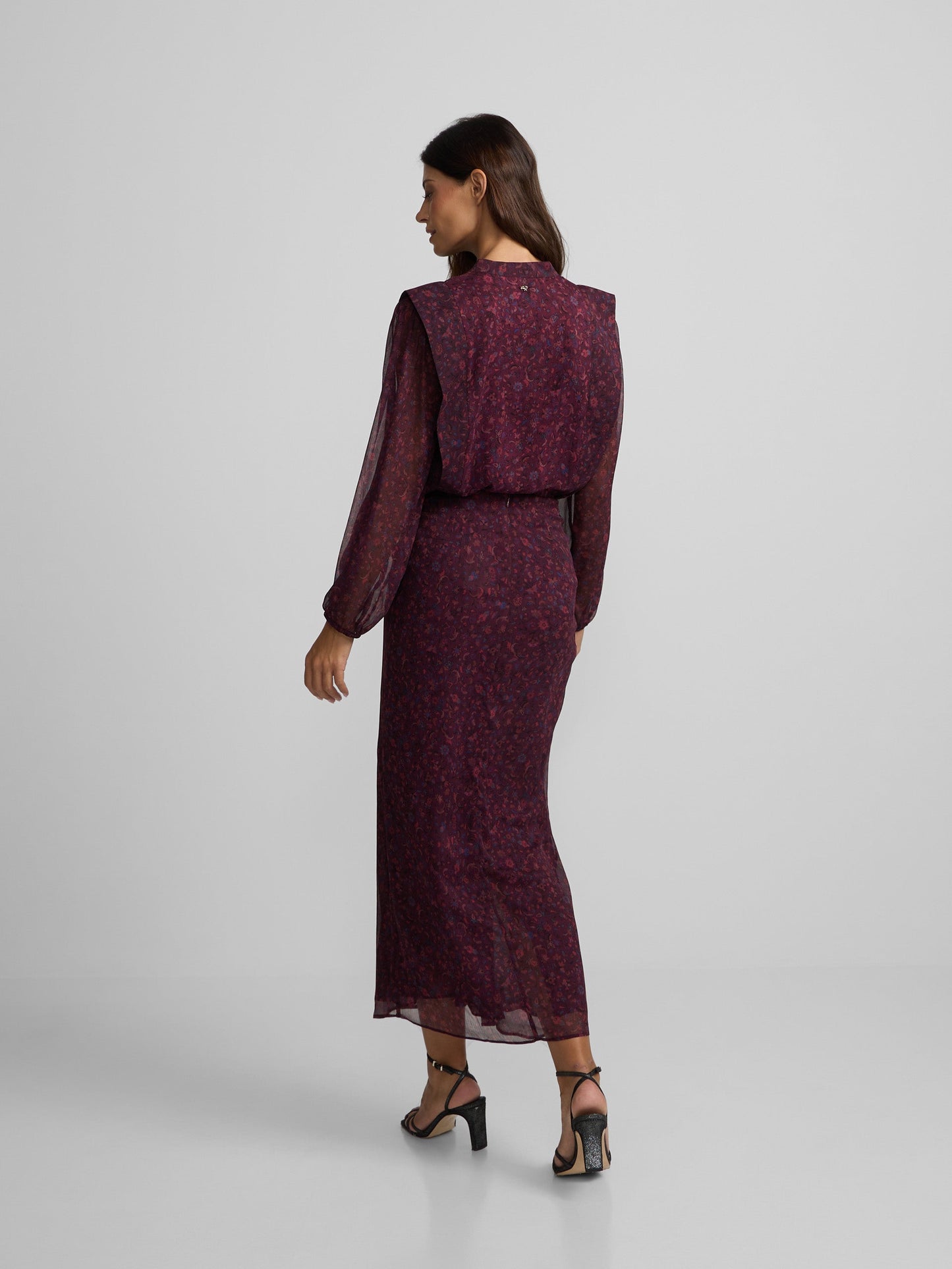 Falda midi drapeado central flores granate