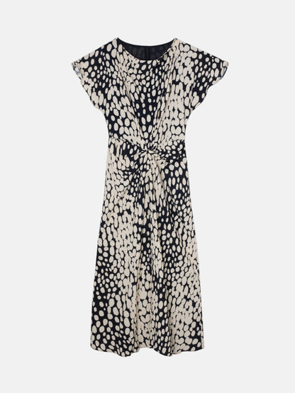 Vestido midi drapeado lunares blanco y negro
