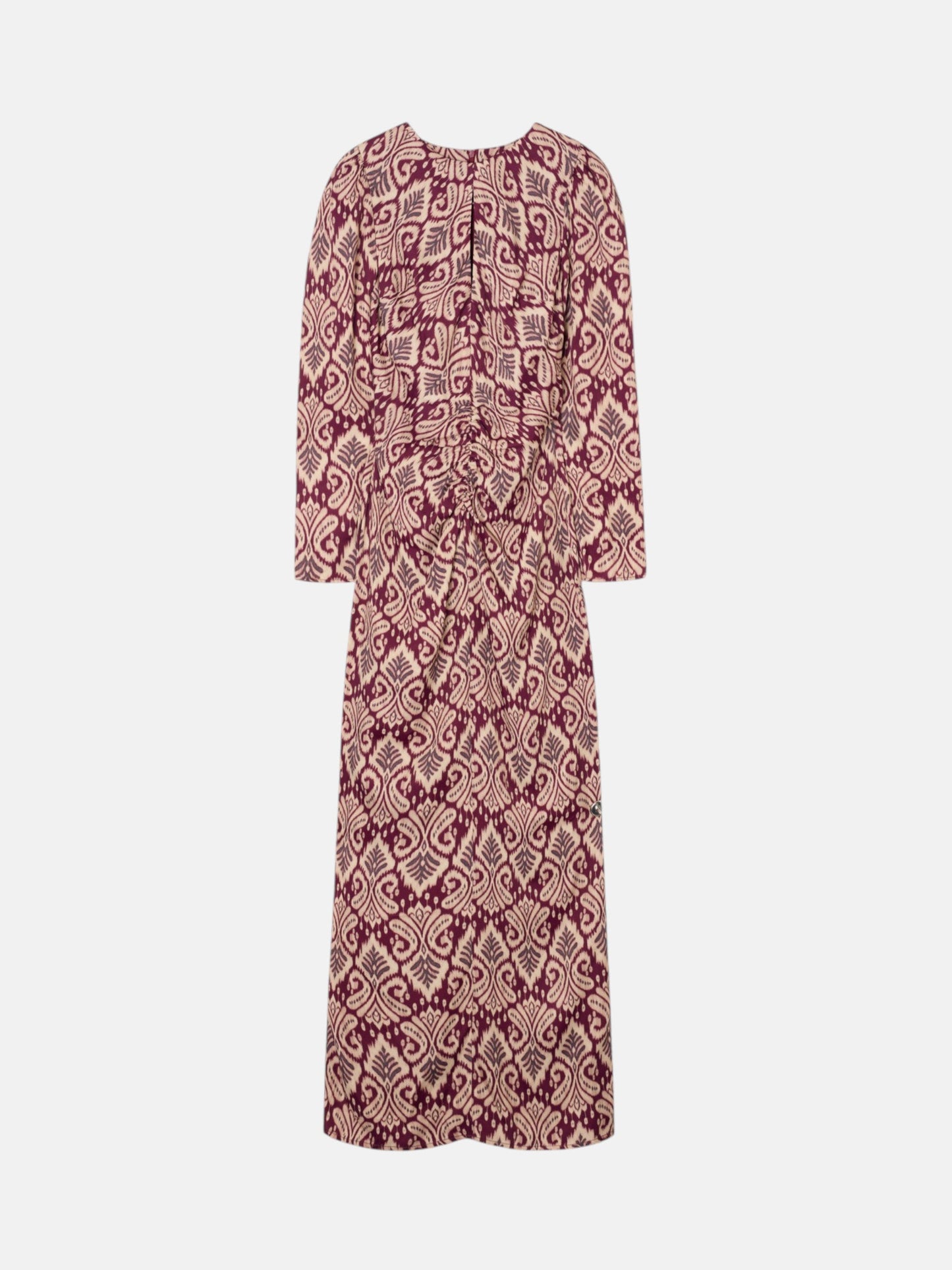 Vestido largo drapeado estampado ikat granate