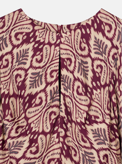 Vestido largo drapeado estampado ikat granate