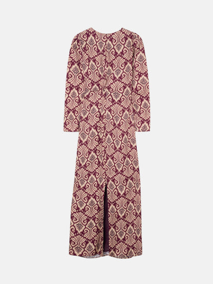 Vestido largo drapeado estampado ikat granate