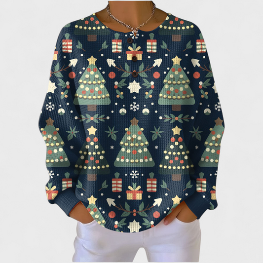 Fanny - Suéter azul marino con diseño de árbol de Navidad