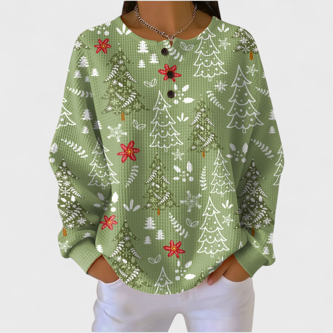 Ingrid - Suéter Verde con Diseño de Árbol de Navidad