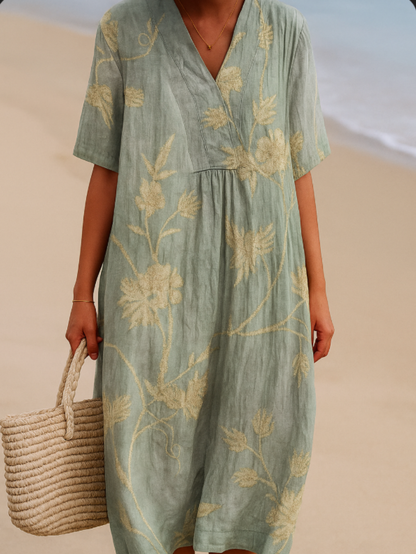 Cristina - Vestido Azul-Gris con Bordado Floral