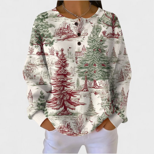 Louna - Suéter color crema con diseño de bosque invernal