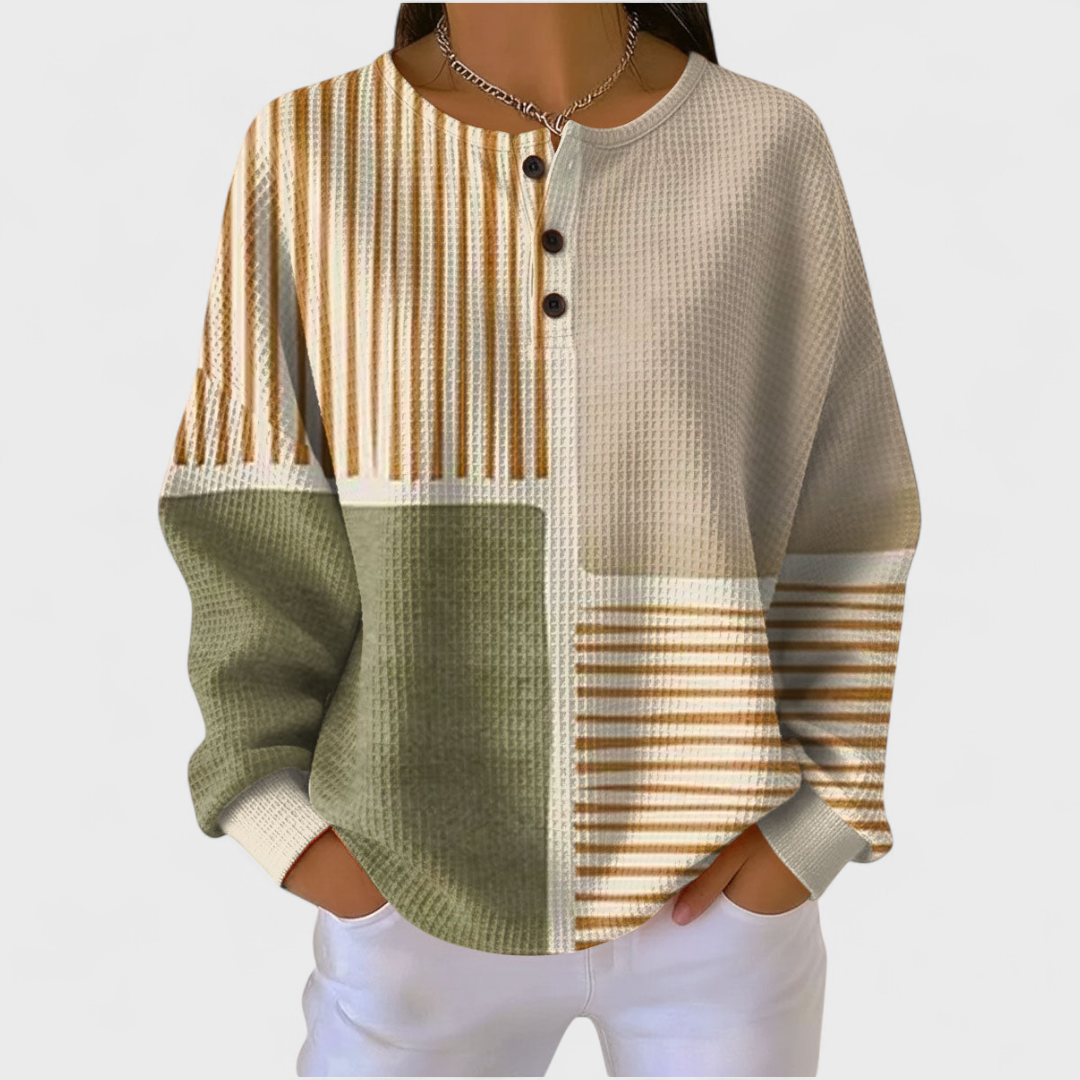 Luna - Suéter beige a rayas con diseño patchwork