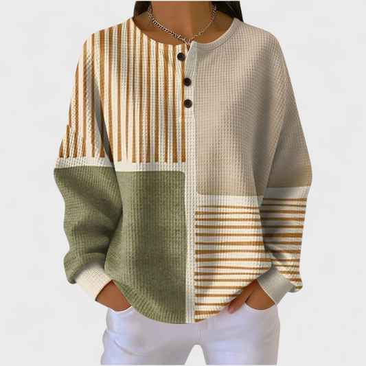 Luna - Suéter beige a rayas con diseño patchwork