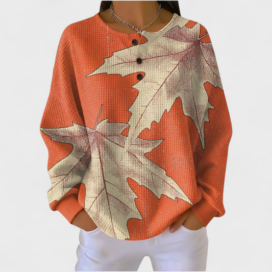 Manon - Suéter Naranja con Diseño de Hoja Otoñal