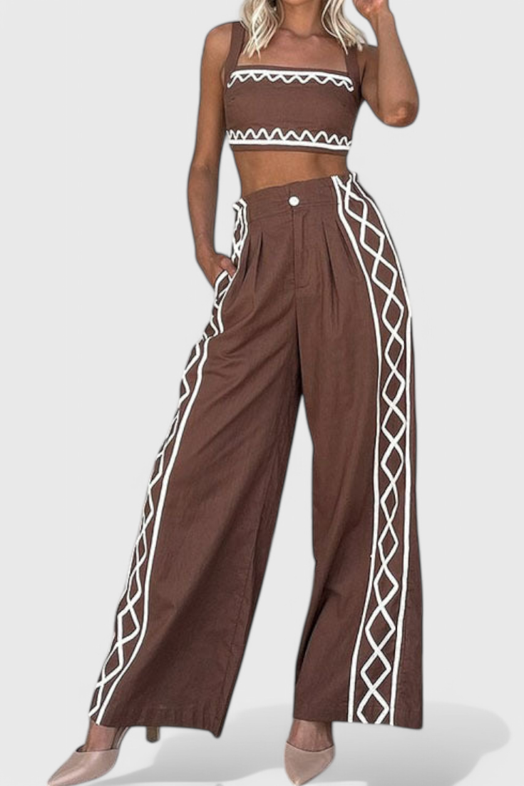 Mirella Conjunto Crop y Pantalones Anchos de Estampado Zigzag