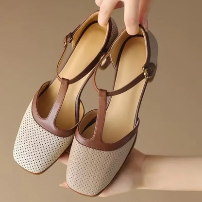 Genira - Zapatos de mujer con tira en T y tacón medio