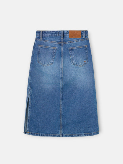 Falda midi recta abertura lateral denim
