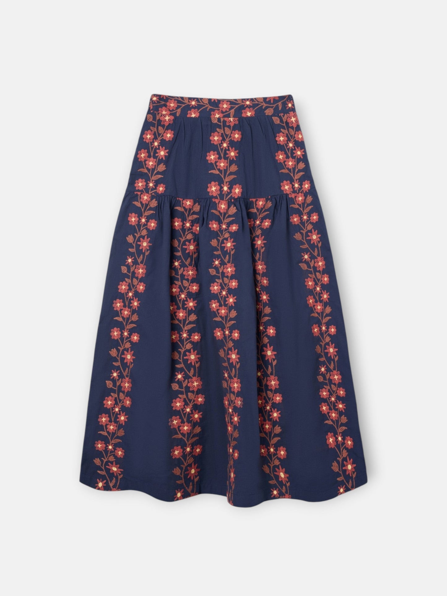 Falda larga flores bordadas azul