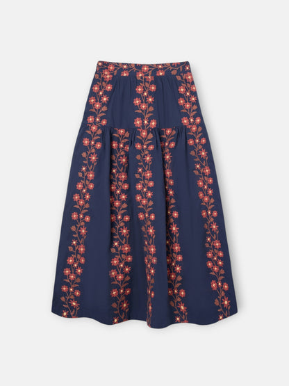 Falda larga flores bordadas azul