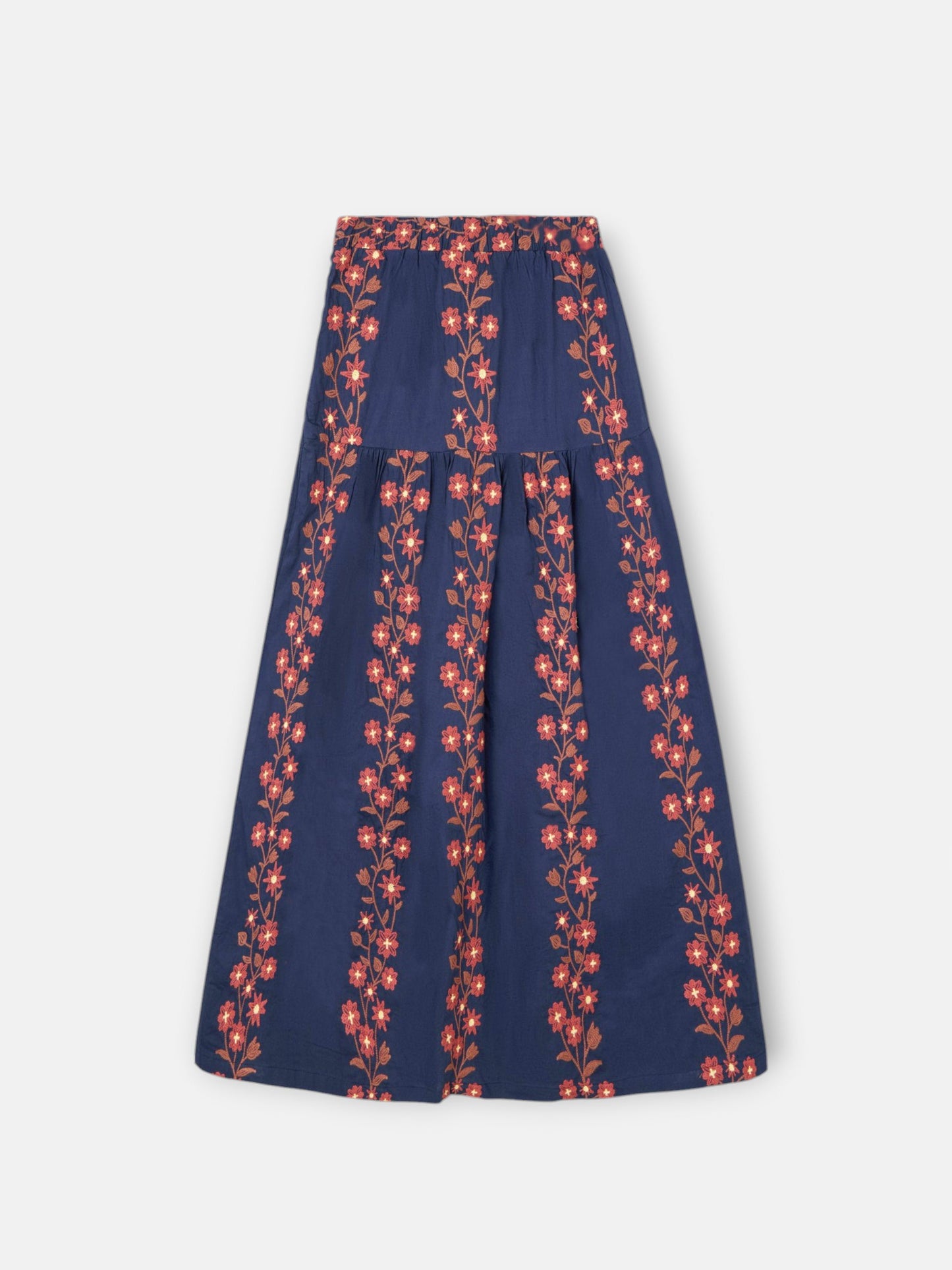 Falda larga flores bordadas azul