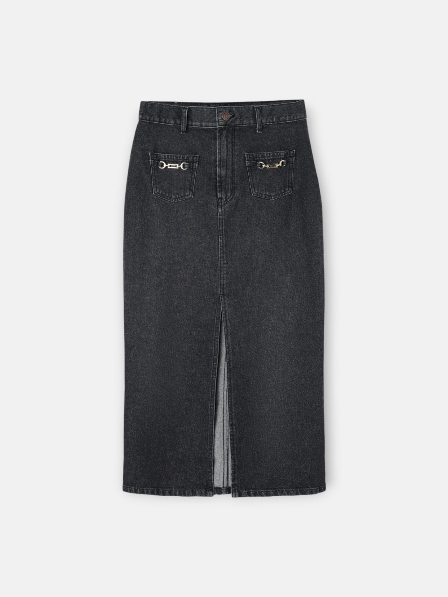 Falda midi recta hebilla denim gris