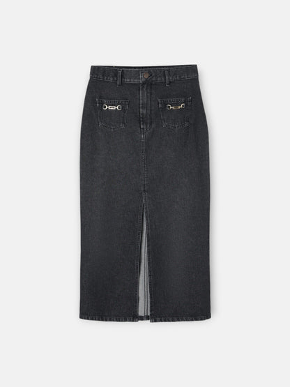 Falda midi recta hebilla denim gris