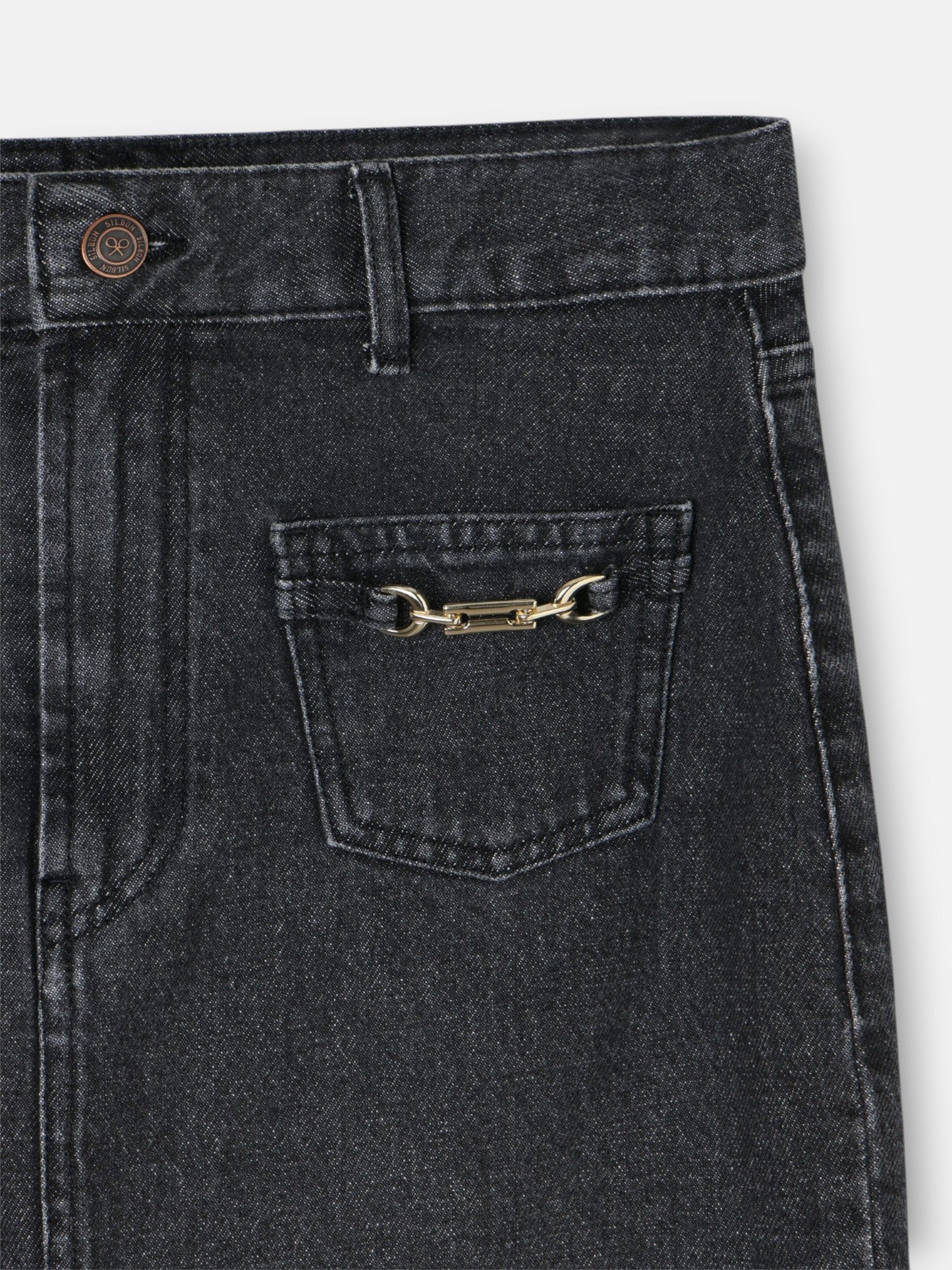 Falda midi recta hebilla denim gris
