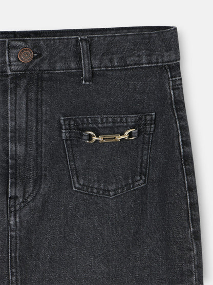 Falda midi recta hebilla denim gris