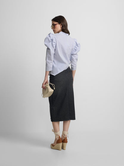 Falda midi recta hebilla denim gris