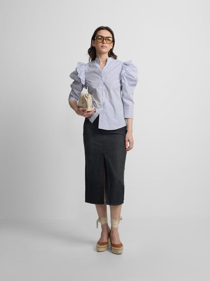 Falda midi recta hebilla denim gris
