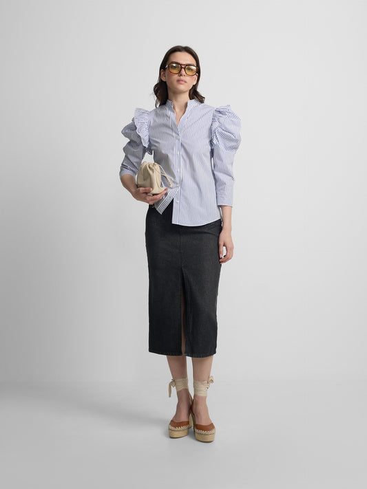 Falda midi recta hebilla denim gris